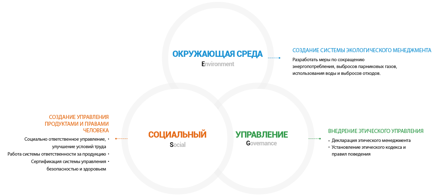 Социальное: Создание системы управления продуктами и правами человека (социальное управление, улучшение условий труда, управление продукцией, сертификация системы управления безопасностью и здоровьем), внедрение этического управления (Этический кодекс управления, Этический кодекс и нормы поведения).